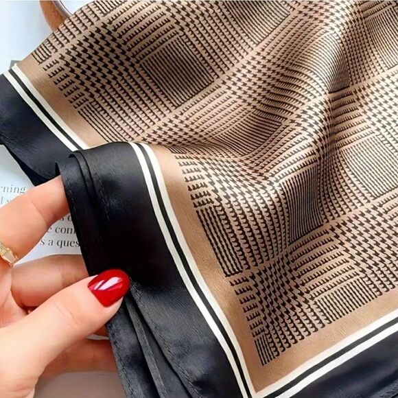 27"x27" Square Scarf Thin Soft Cozy Smooth Neck Scarf Brown & Black - Picture 2 of 7